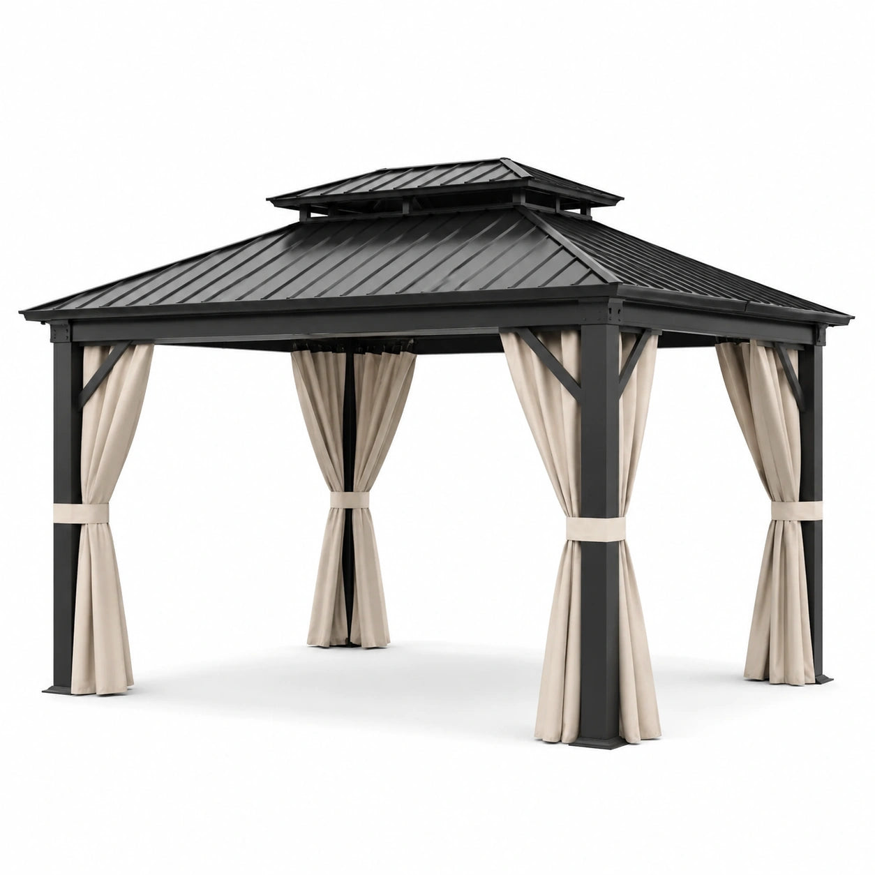 Pavillon de jardin en aluminium noir avec toit en acier et rideaux en polyester beige 300x300 cm