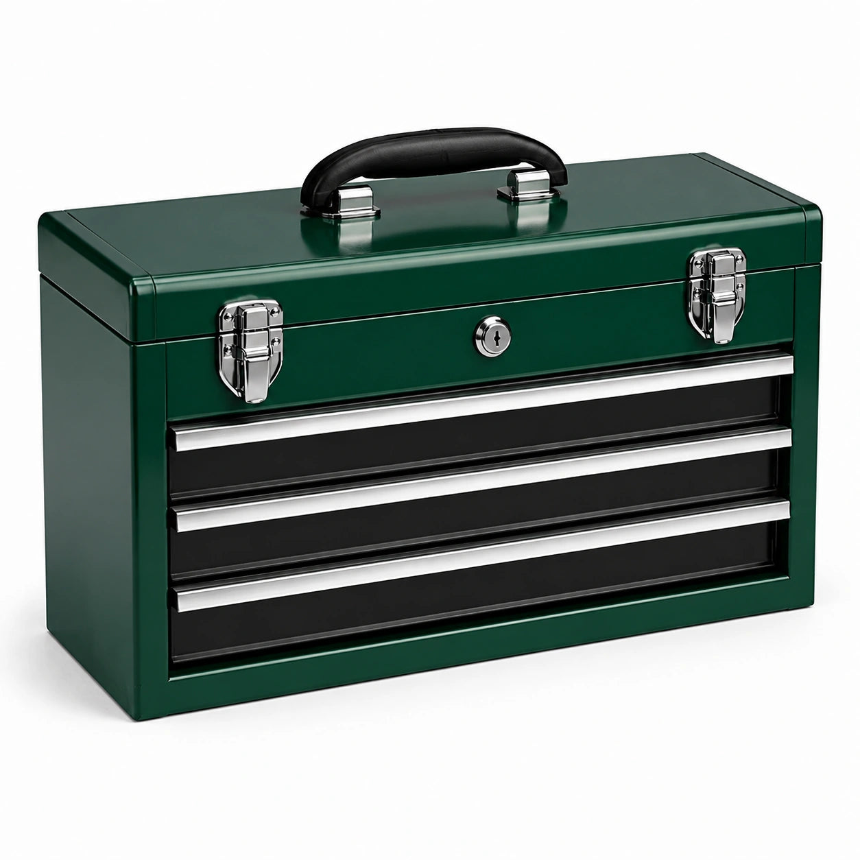 Boîte à outils métallique vert avec 3 tiroirs et serrure