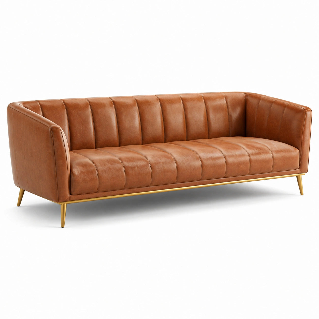 Canapé en cuir synthétique marron avec pieds en métal doré