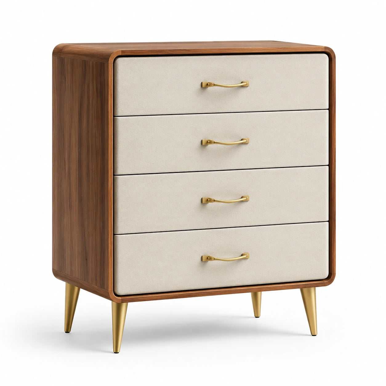 Commode à 4 tiroirs en bois de noyer et tissu beige avec poignées en laiton