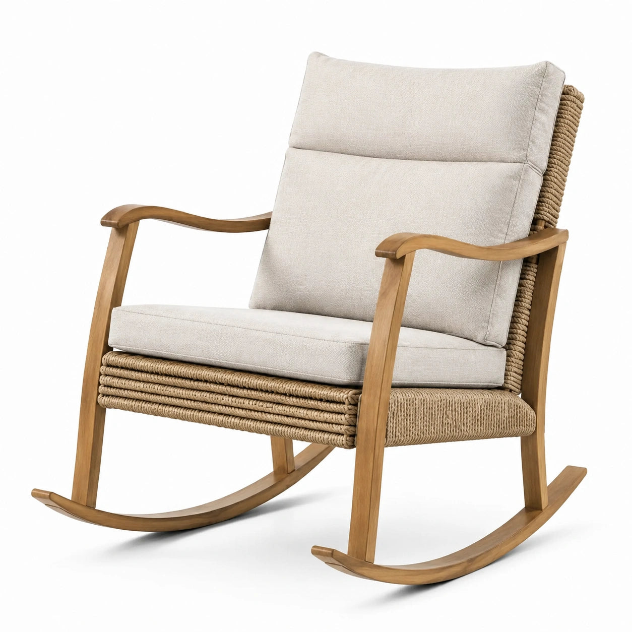Chaise berçante en bois et corde avec coussin en lin crème