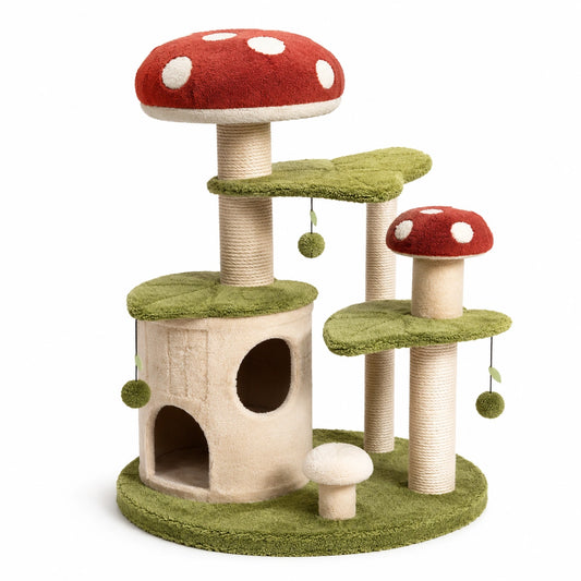 Arbre à chat en peluche et sisal rouge, beige et vert, 60 cm x 45 cm x 90 cm
