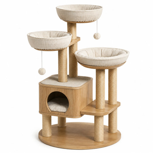 Arbre à chat en bois avec paniers en tissu côtelé et poteaux en sisal, beige