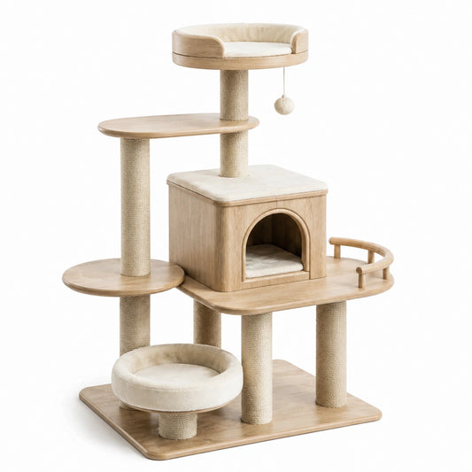 Arbre à chat en bois avec plateformes et coussins en peluche