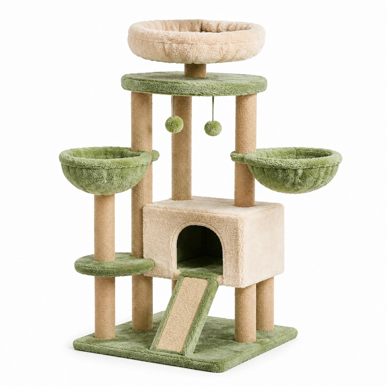 Arbre à chat en bois et peluche verte et beige 140 cm