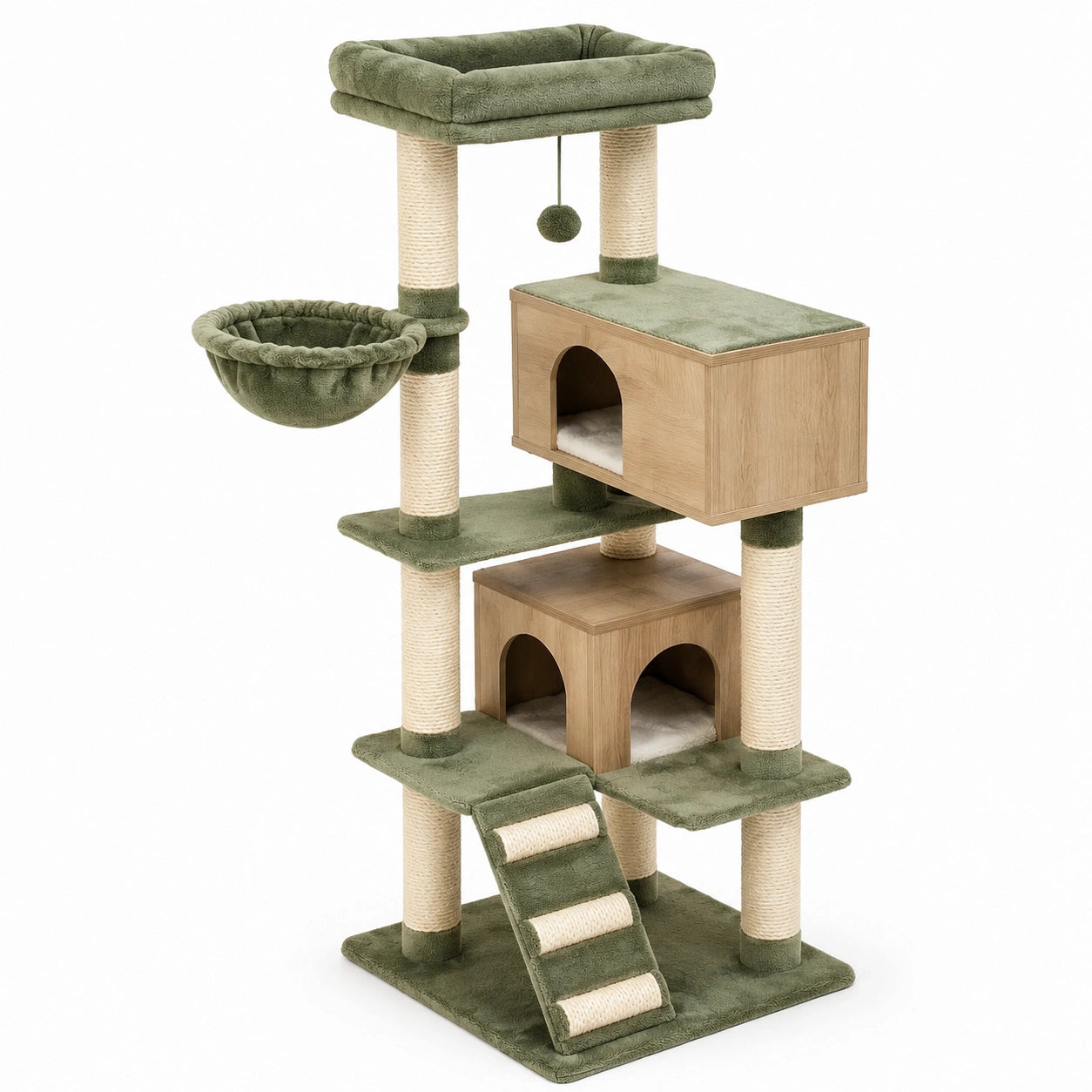 Arbre à chat en bois et polyester vert, 140 cm avec niches