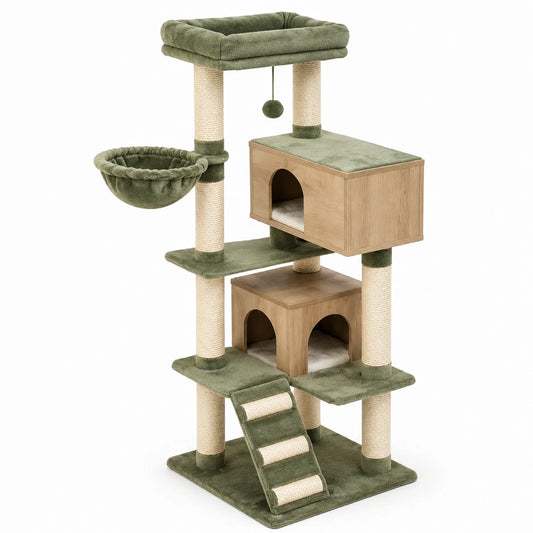 Arbre à chat en bois et polyester vert, 140 cm avec niches