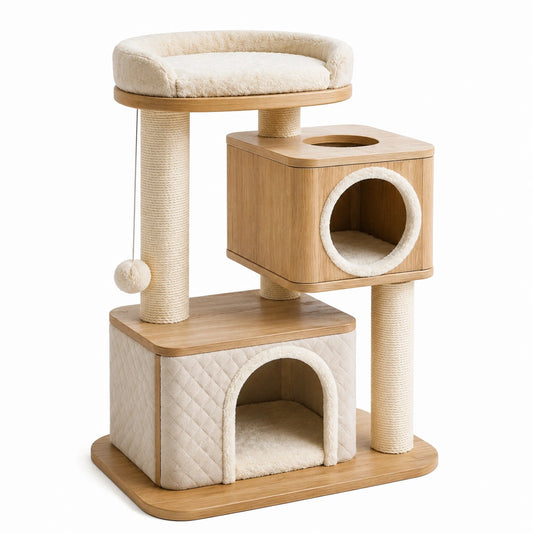 Arbre à chat en bois avec niche et griffoir en corde de sisal
