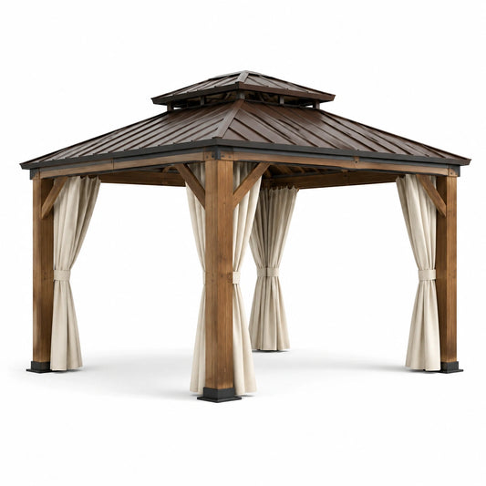 Pavillon de jardin en bois avec toit en acier et rideaux