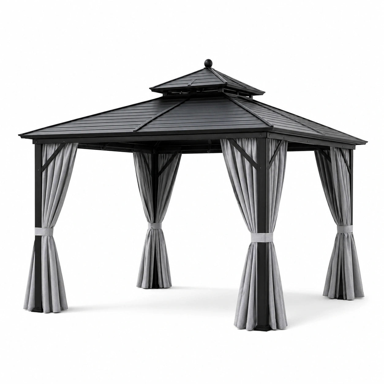 Pavillon de jardin en aluminium avec toit en acier et rideaux gris