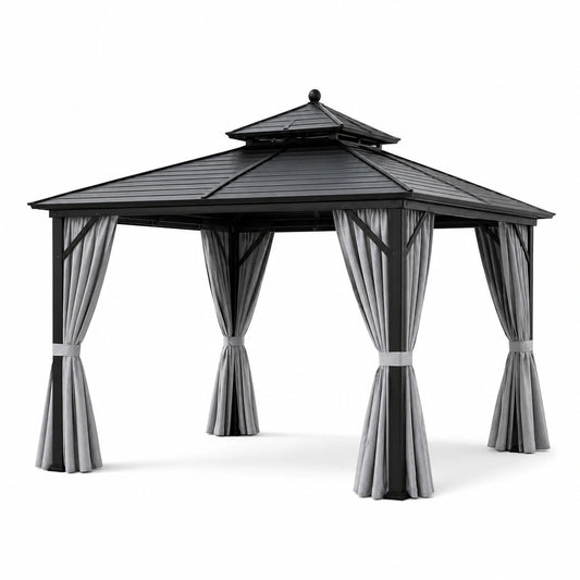 Pavillon de jardin en aluminium avec toit en acier et rideaux gris