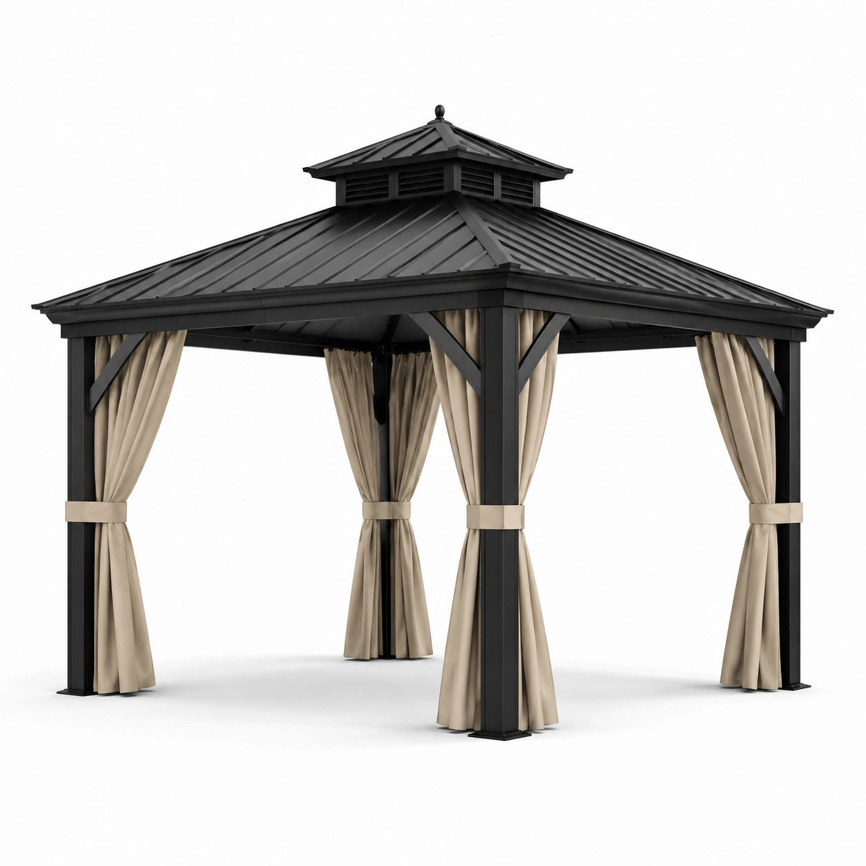 Pavillon de jardin en aluminium avec toit métallique noir et rideaux en polyester beige