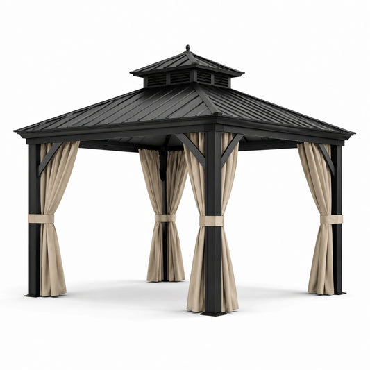 Pavillon de jardin en aluminium avec toit métallique noir et rideaux en polyester beige