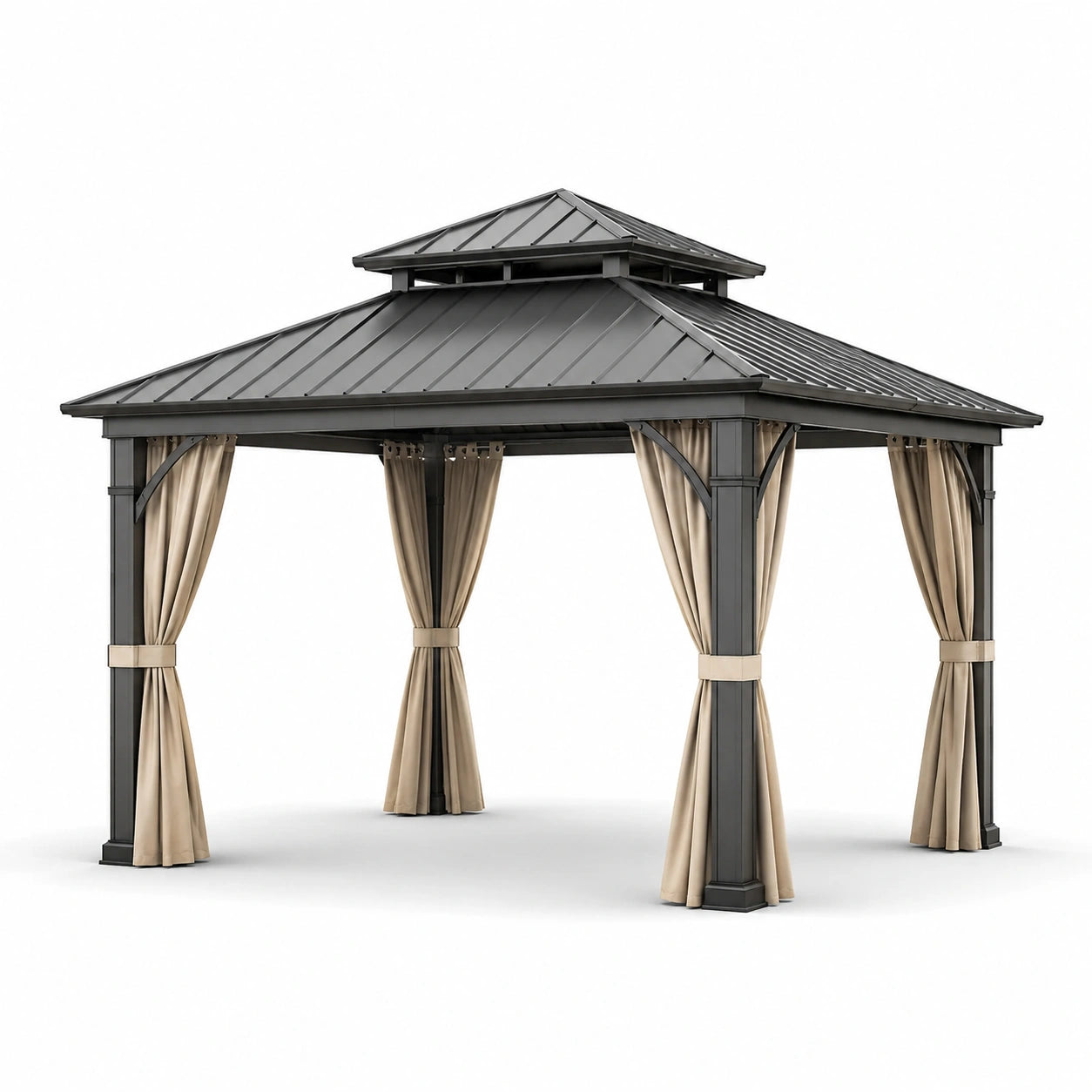 Pavillon de jardin en métal avec toit en acier et rideaux en polyester