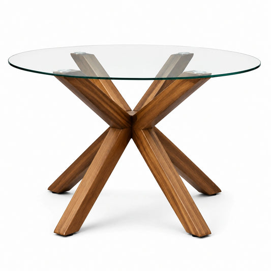 Table ronde en bois avec plateau en verre trempé