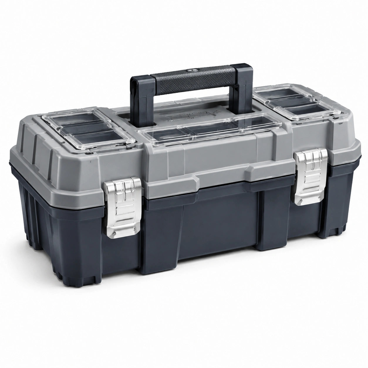 Caisse à outils en plastique noir et gris avec fermetures métalliques