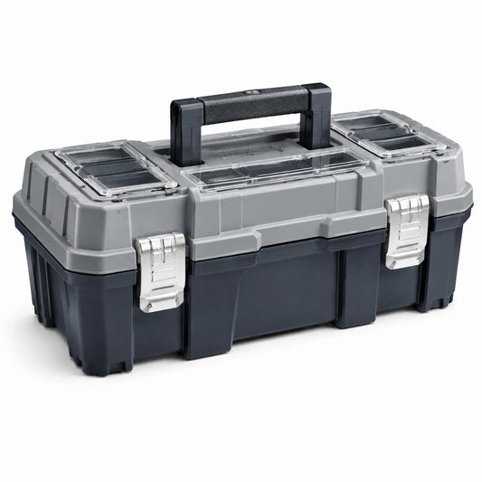 Caisse à outils en plastique noir et gris avec fermetures métalliques