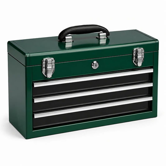 Boîte à outils métallique vert avec 3 tiroirs et serrure