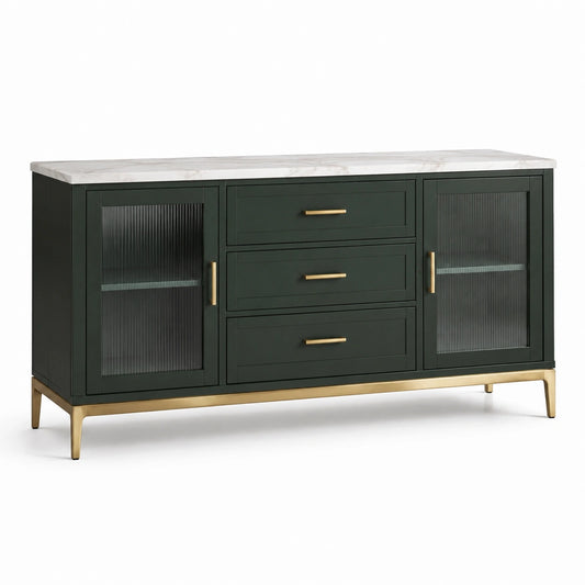 Buffet en bois et verre cannelé avec plateau en marbre vert foncé