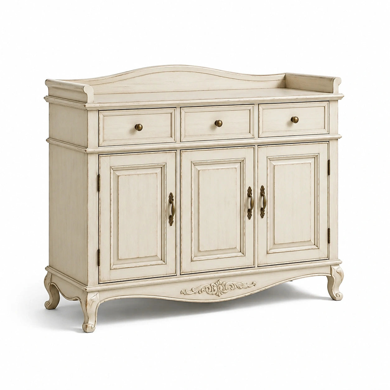 Buffet en bois avec finition vernie, 3 portes et 3 tiroirs, ivoire