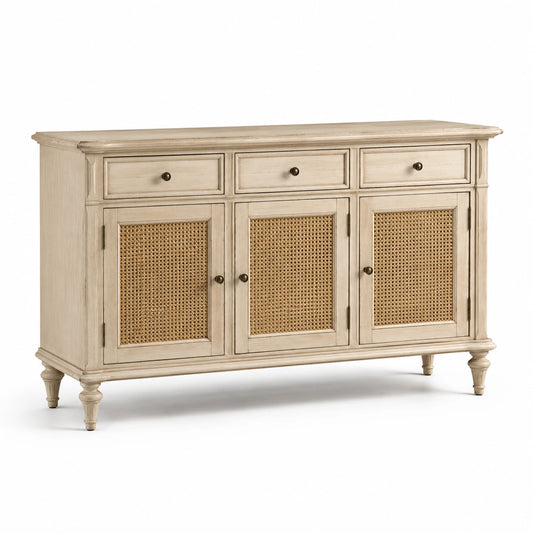 Buffet en bois avec portes en rotin tressé beige 140x45x85 cm
