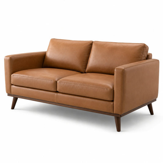 Canapé 2 places en cuir synthétique marron avec structure en bois