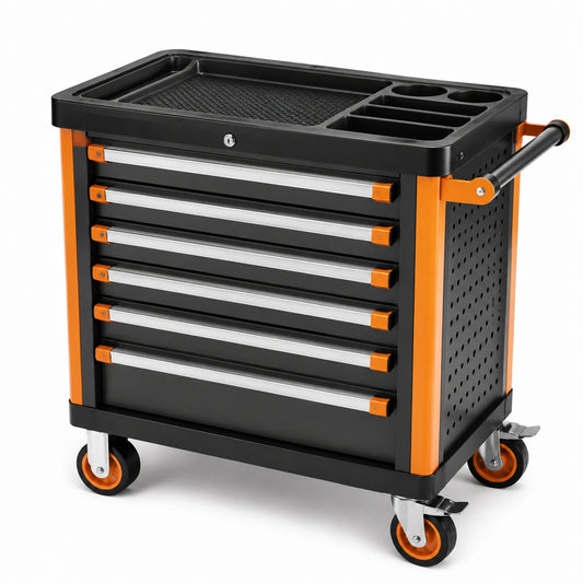 Chariot à outils en acier avec tiroirs verrouillables, noir/orange