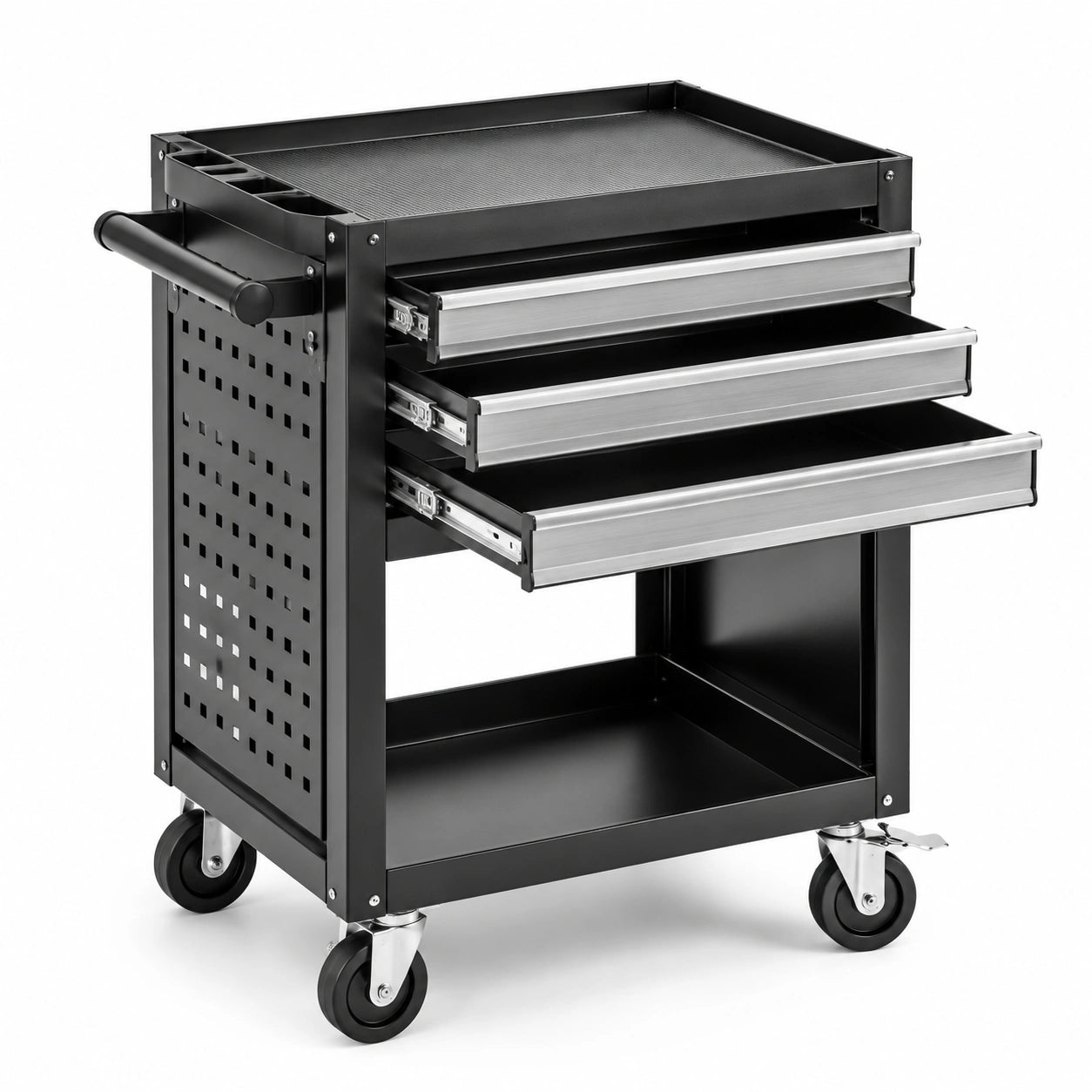 Chariot à outils en métal noir avec 3 tiroirs et roulettes