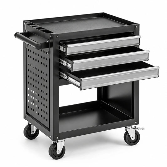 Chariot à outils en métal noir avec 3 tiroirs et roulettes