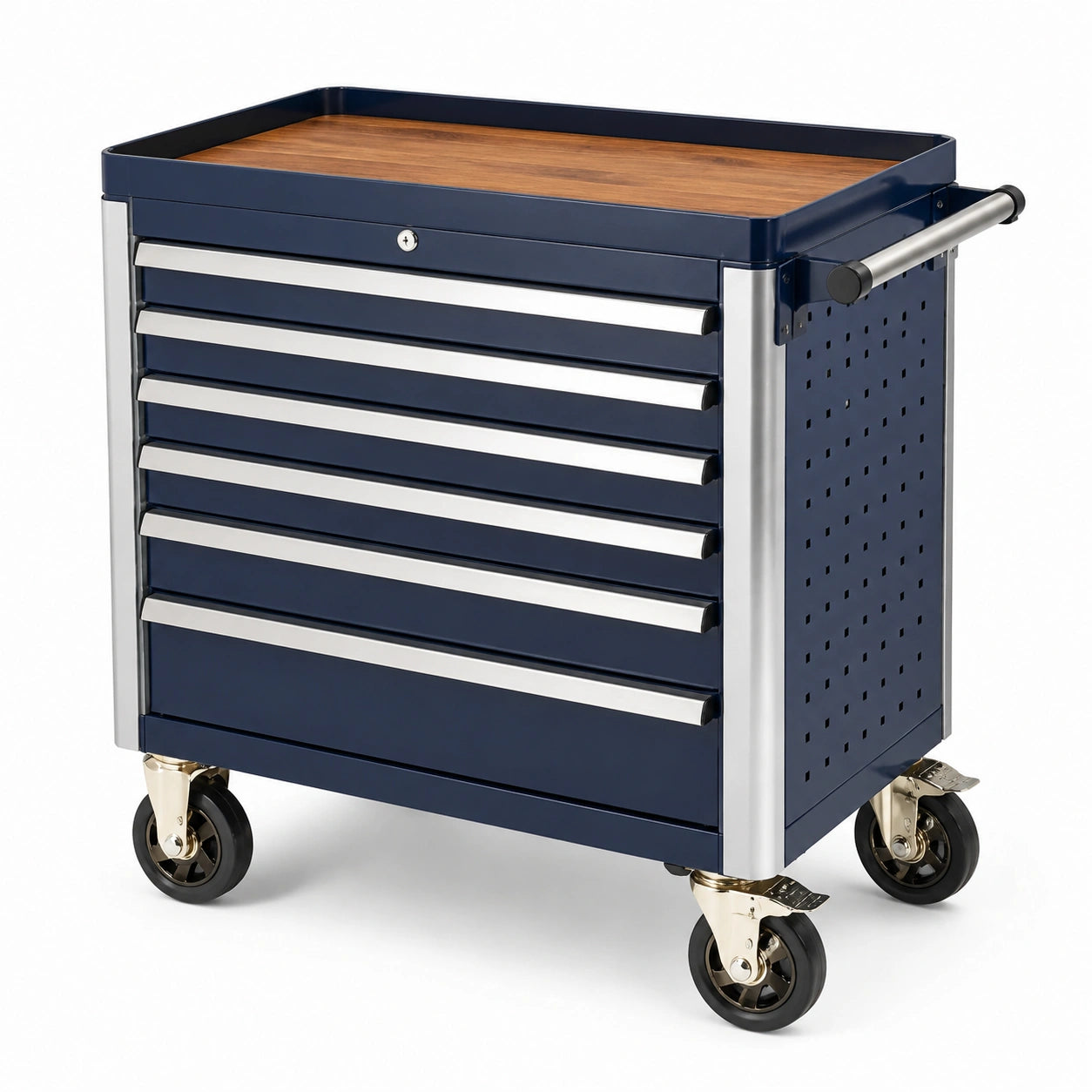Chariot à outils en métal avec tiroirs et dessus en bois