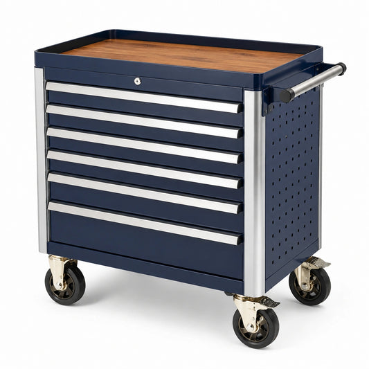 Chariot à outils en métal avec tiroirs et dessus en bois