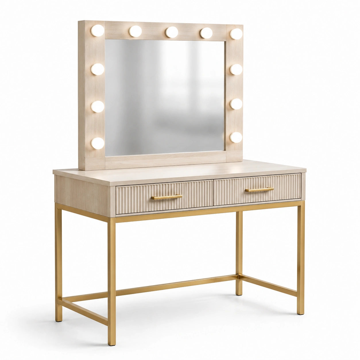 Coiffeuse en bois d'érable clair avec miroir LED et cadre métallique doré