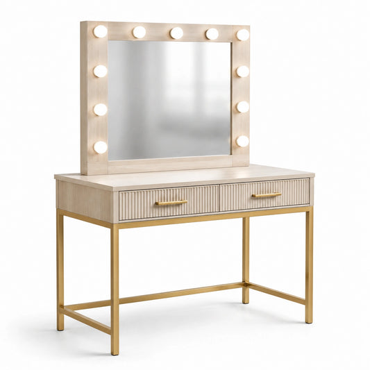 Coiffeuse en bois d'érable clair avec miroir LED et cadre métallique doré