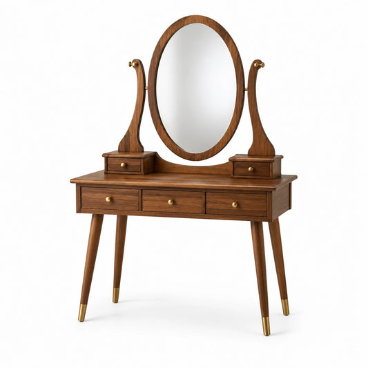 Coiffeuse en bois noyer avec miroir ovale et tiroirs