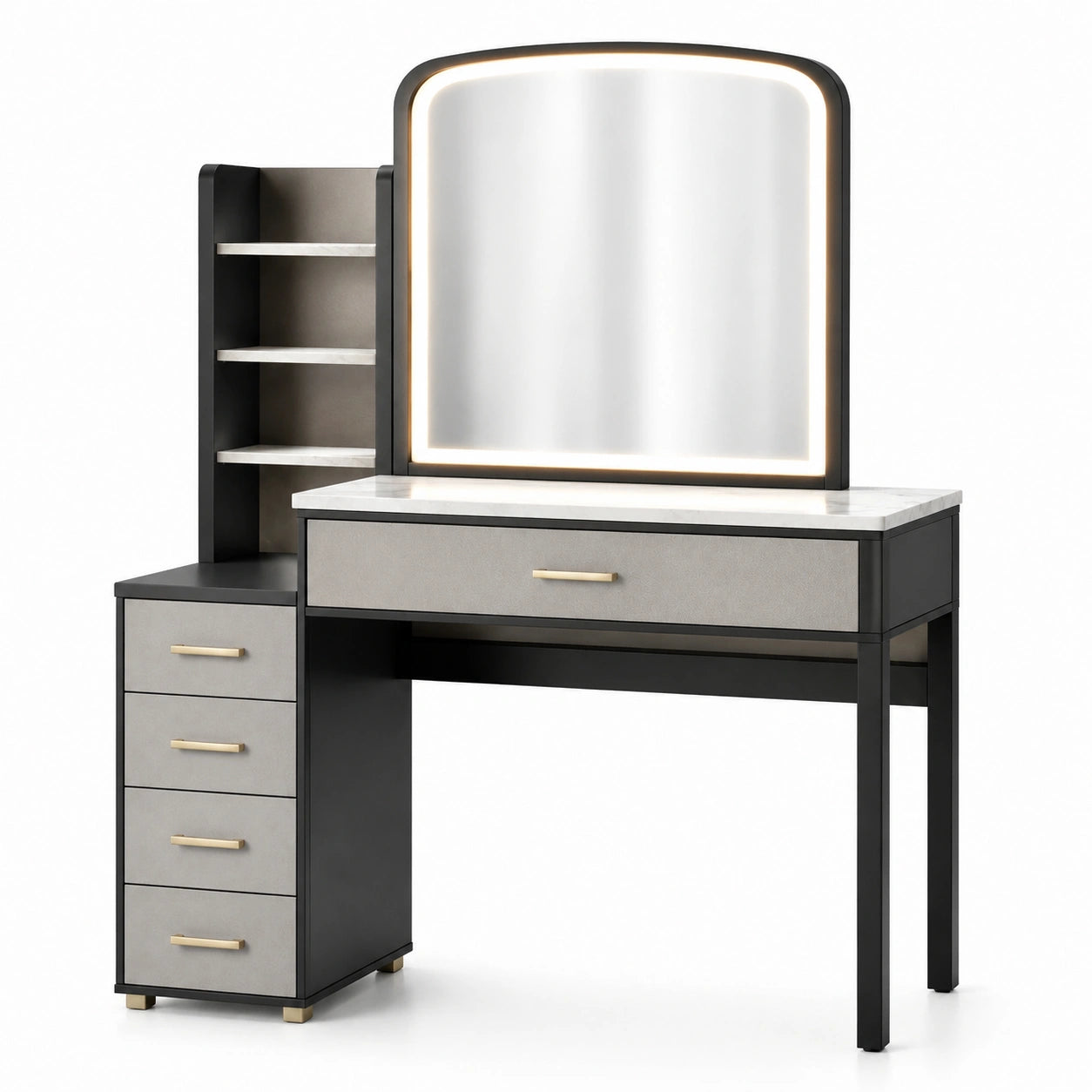 Coiffeuse avec miroir éclairé et tiroirs en MDF et acier