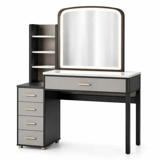 Coiffeuse avec miroir éclairé et tiroirs en MDF et acier