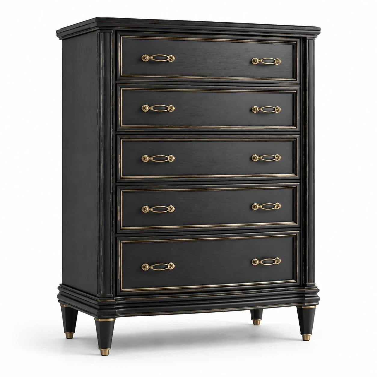 Commode en bois avec tiroirs métalliques dorés, noir