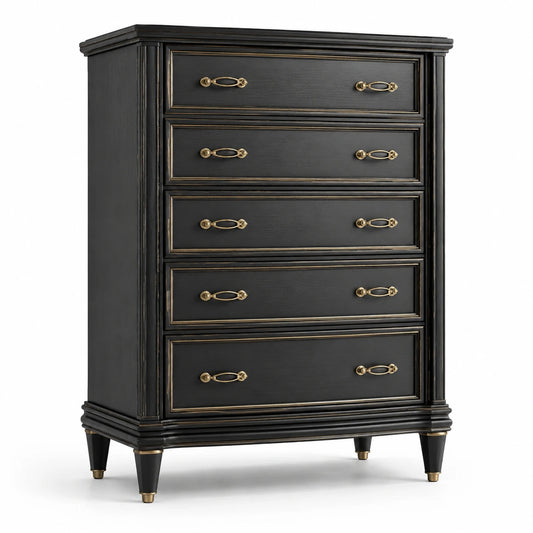 Commode en bois avec tiroirs métalliques dorés, noir