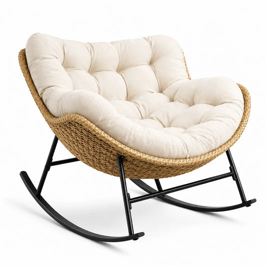 Fauteuil à bascule en rotin et tissu beige avec structure en métal