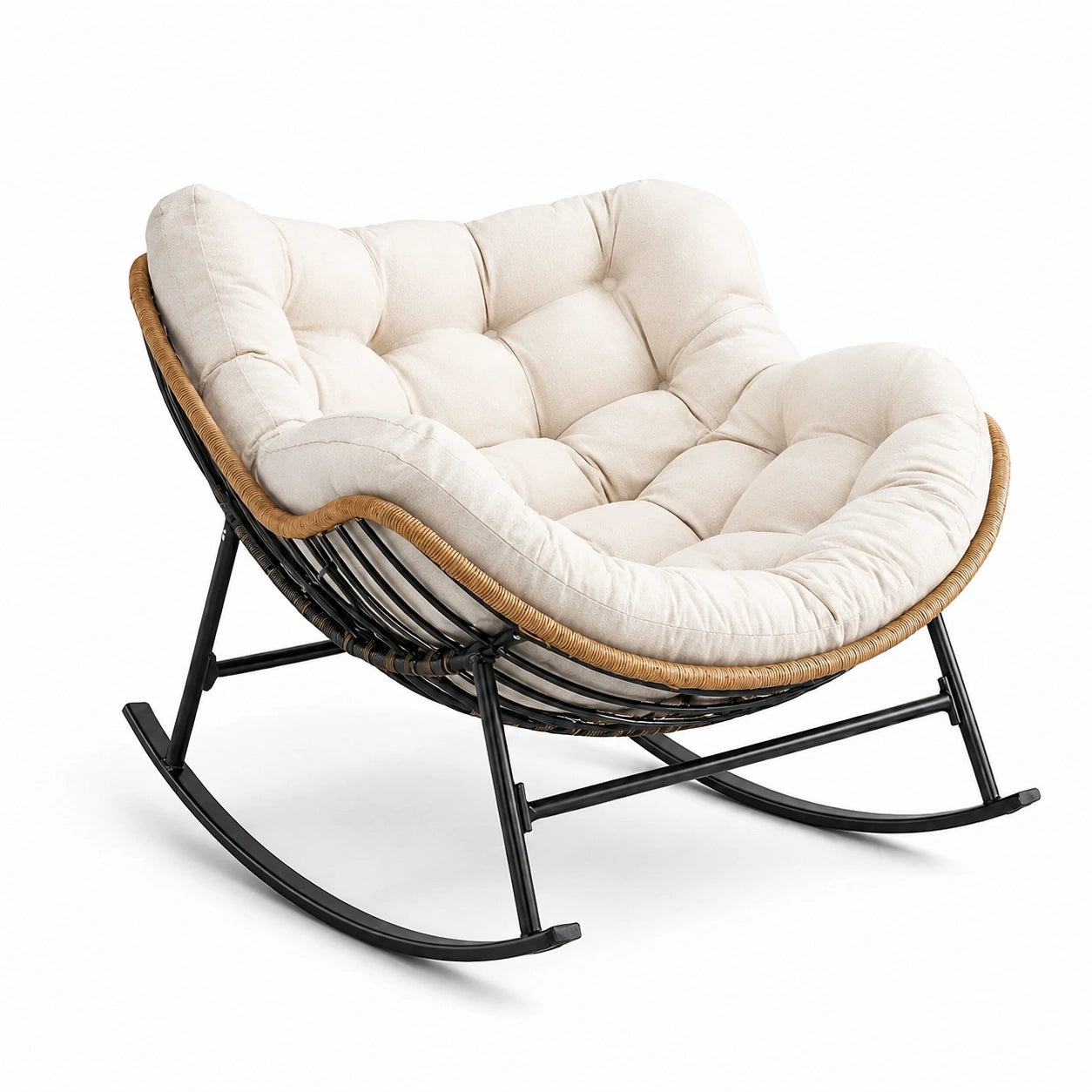 Fauteuil à bascule en rotin et acier avec coussin en coton écru