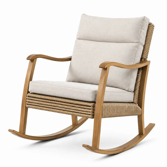 Chaise berçante en bois et corde avec coussin en lin crème